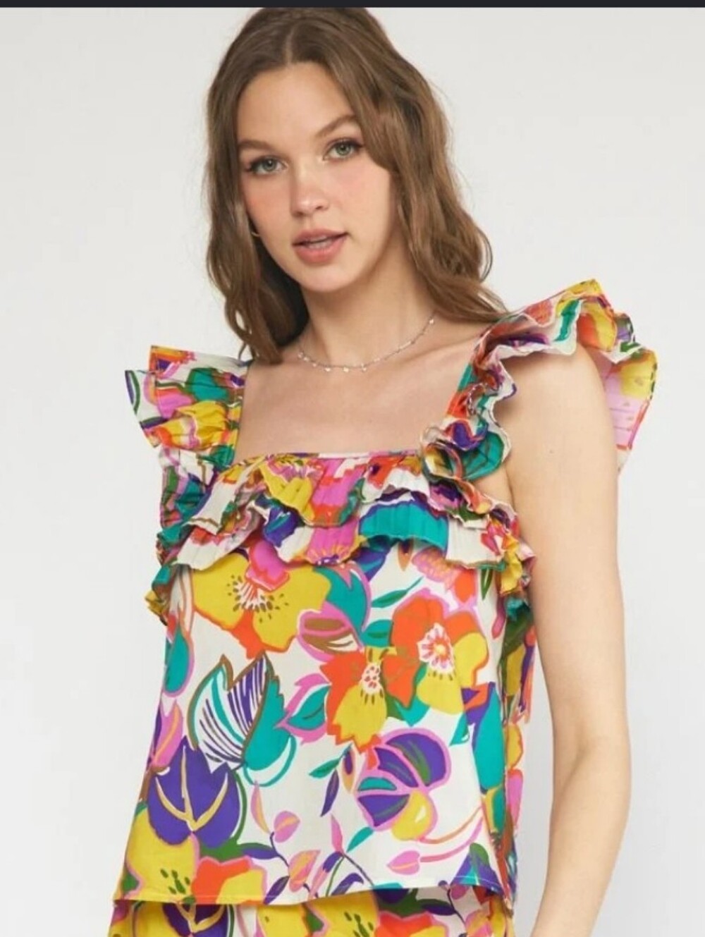 Entro "In The Tropics" Vivid Floral Ruffle Square Neck Top - Size Small